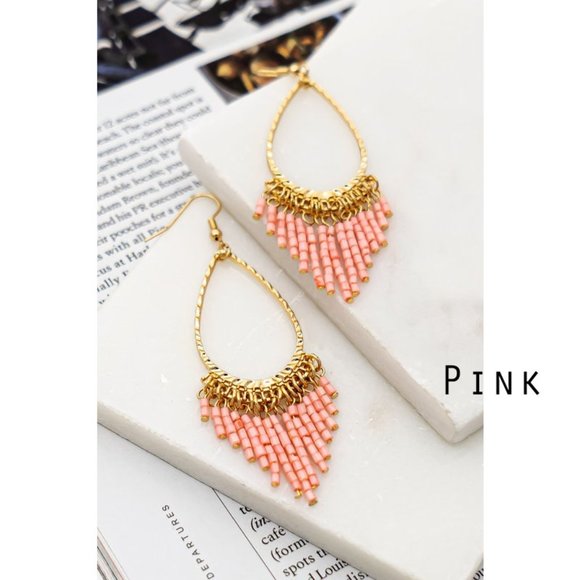 NEW Tear Drop Hoop Beaded Tassel Fringe Drop Statement Earrings Black Ivory Pink - Picture 5 of 9